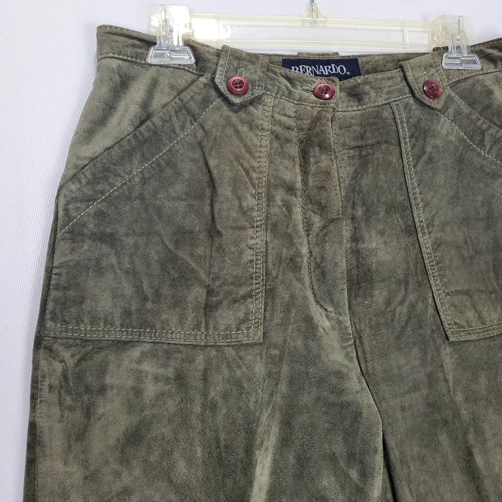 BERNARDO Olive / Sage Green Genuine Suede Leather Wide Leg Pants Sz 10 Vintage